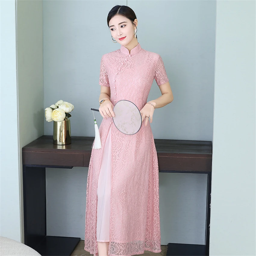 2020 News Summer Aodai Vietnam Qipao Dress for Women Traditional Clothing Lace Ao Dai Long Gown Silk Knee Length Qipao Dresses