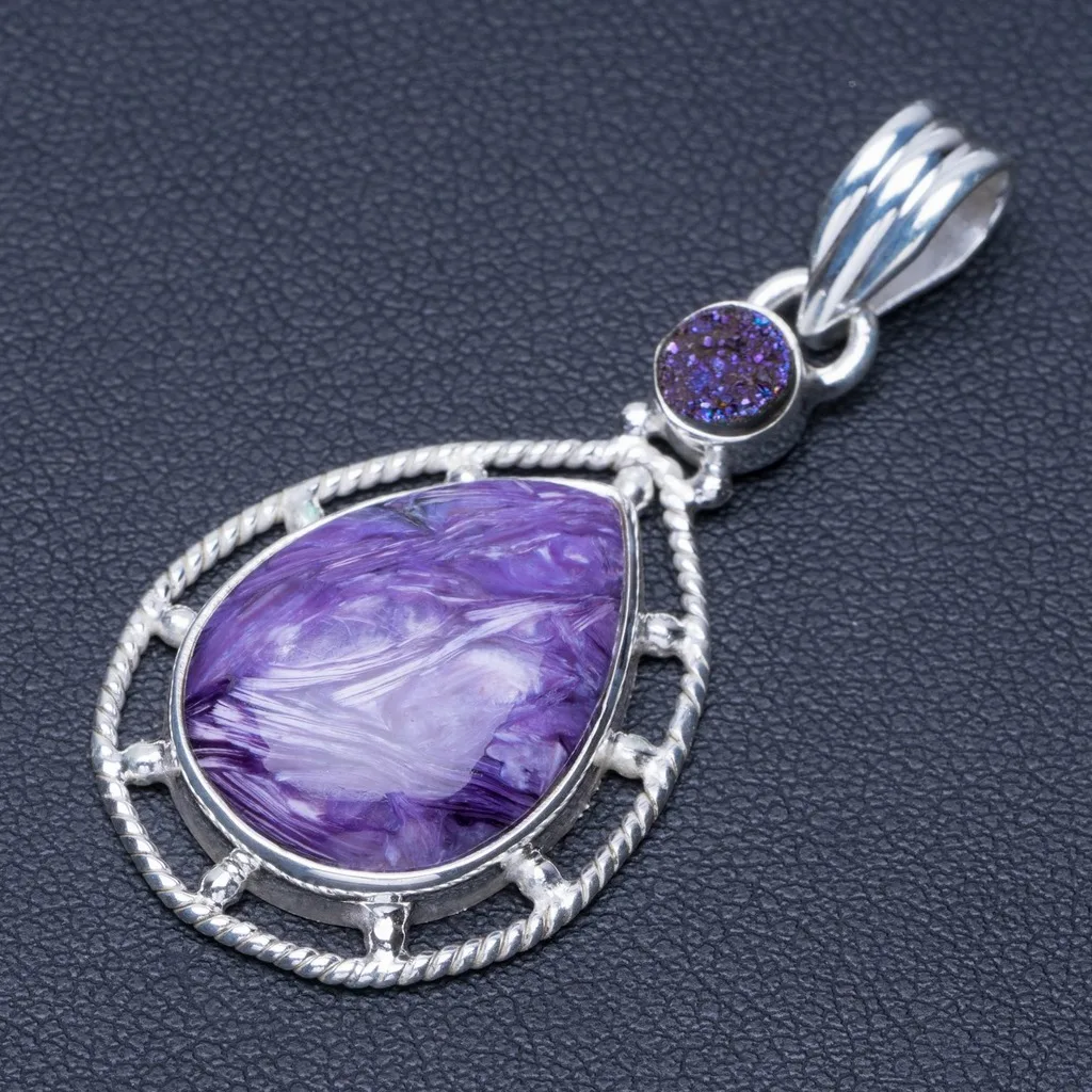 

Natural Charoite and Druzy Punk Style 925 Sterling Silver Pendant 2" Q0426