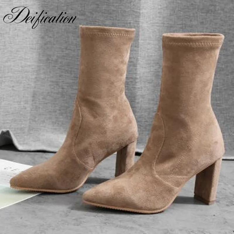 

Deification Stretch Fabric Ankle Boots Pointed Toe Zapatos Mujer Square Heel Chelsea Bootie Slip On Womens Leather Riding Boots