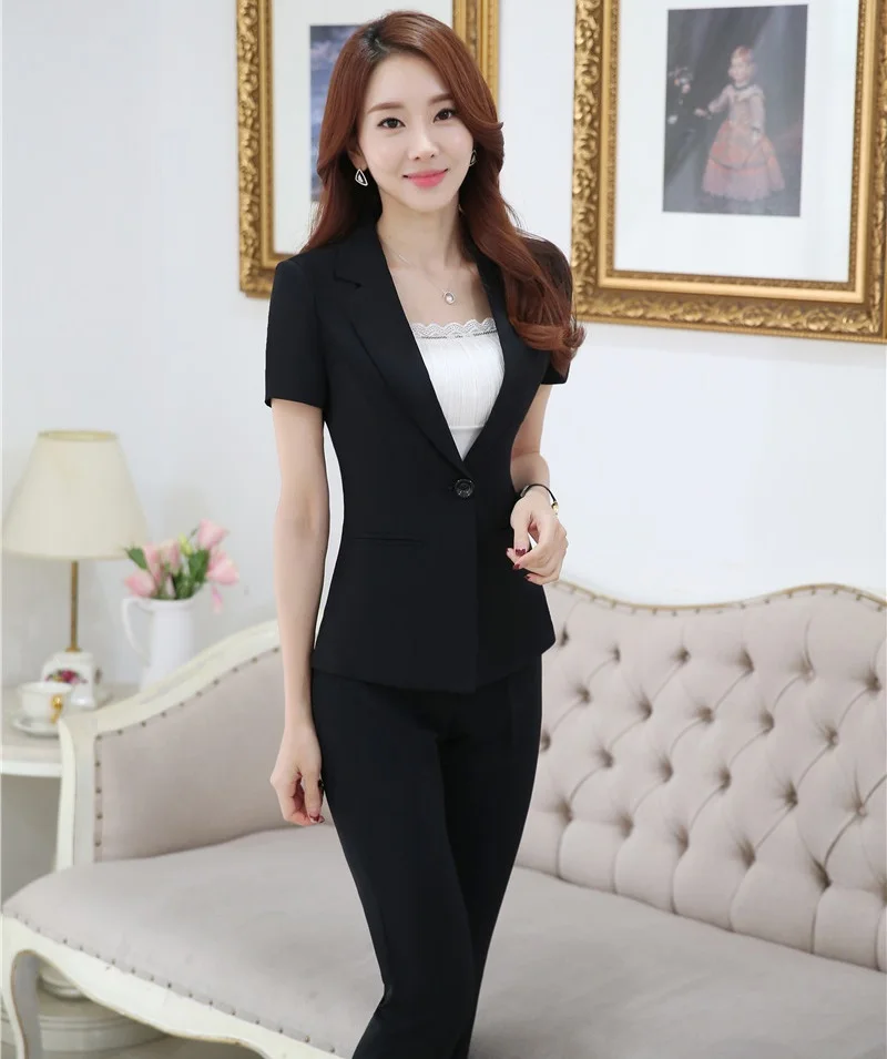 

Plus Size 4XL Professional Business Suits Jackets And Pants Female Pantsuits Short Sleeve 2016 Summer Ladies Trousers Sets