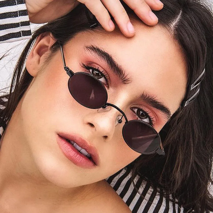 

Small Oval Sunglasses Women Metal Frame Vintage Brand Designer Round Sun Glasses 2019 New Black Red Lens Mini Shades UV400