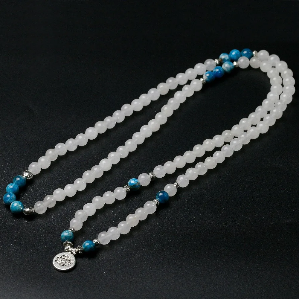 Natural White Chalcedony With Apatite Stone Beads Bracelet Men Women Wing Buddha Yoga Lotus Charm Necklace Unisex Mala Jewelry