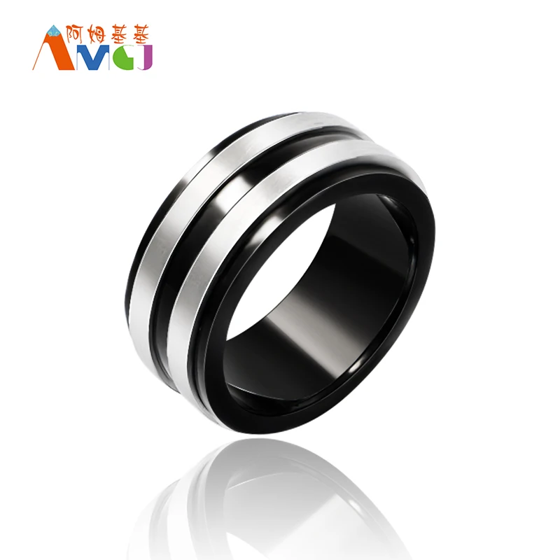 Double Silver Color Stripe Black Ring For Men Wedding Bands 316L Stainless Steel Knuckles