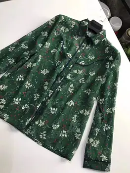 

Women Green Chiffon Blouse Long Sleeve Flower Print Lace Sweet Shirt