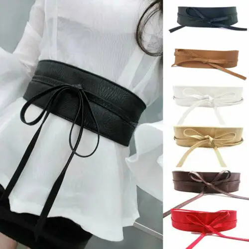 

Classy Women Elastic PU Leather Waist Wide Belt Slimming Lace Up Corset Tie Belt Ladies Solid Bow Dress Belt