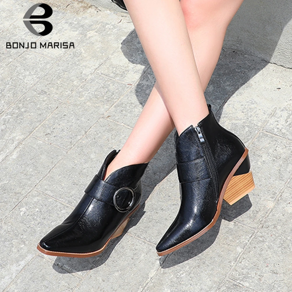 

BONJOMARISA Western Ankle Boots Woman British Strange Heels Pointed Toe Buckle Decorations Zippers Ankle Boots Woman Size 34-44