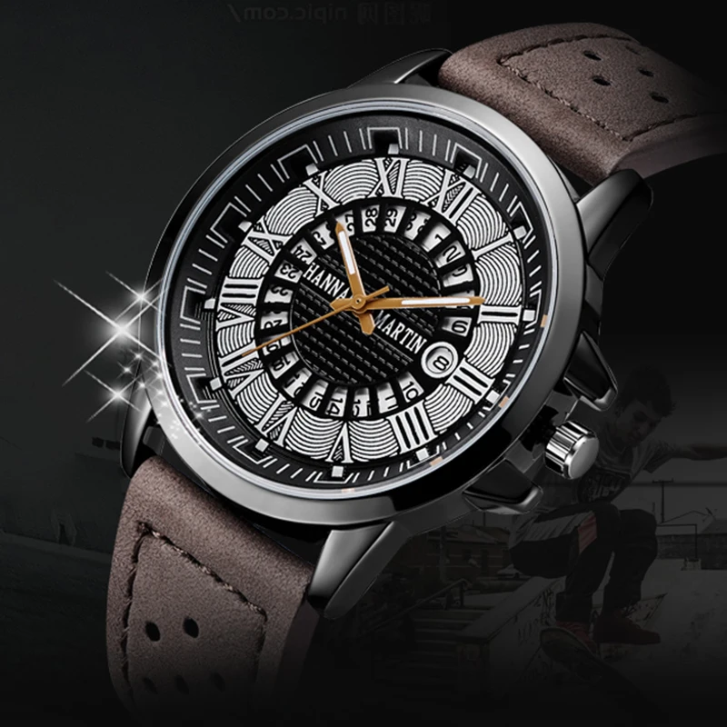 

HM Man Sport Watch Quartz Faux Leather Quartz Analog Waterproof Date Military Quality A Clock Relogio Masculino 2019 Causal Gift