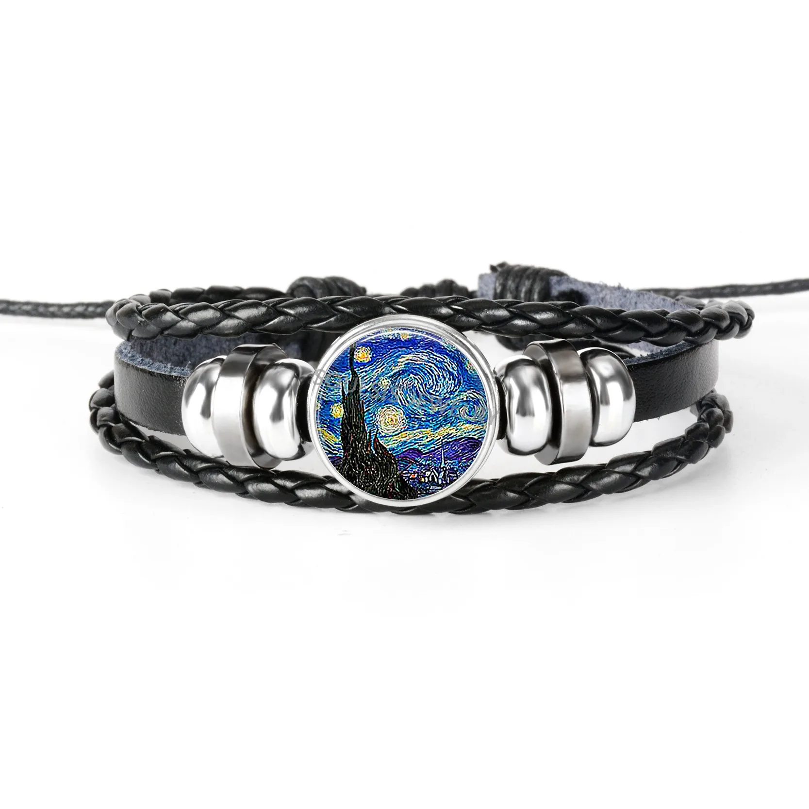 

Van Gogh Oil Painting Glass Cabochon Button Bracelet Black Braided Leather Bracelet Men Women Van Gogh Starry Night Jewelry