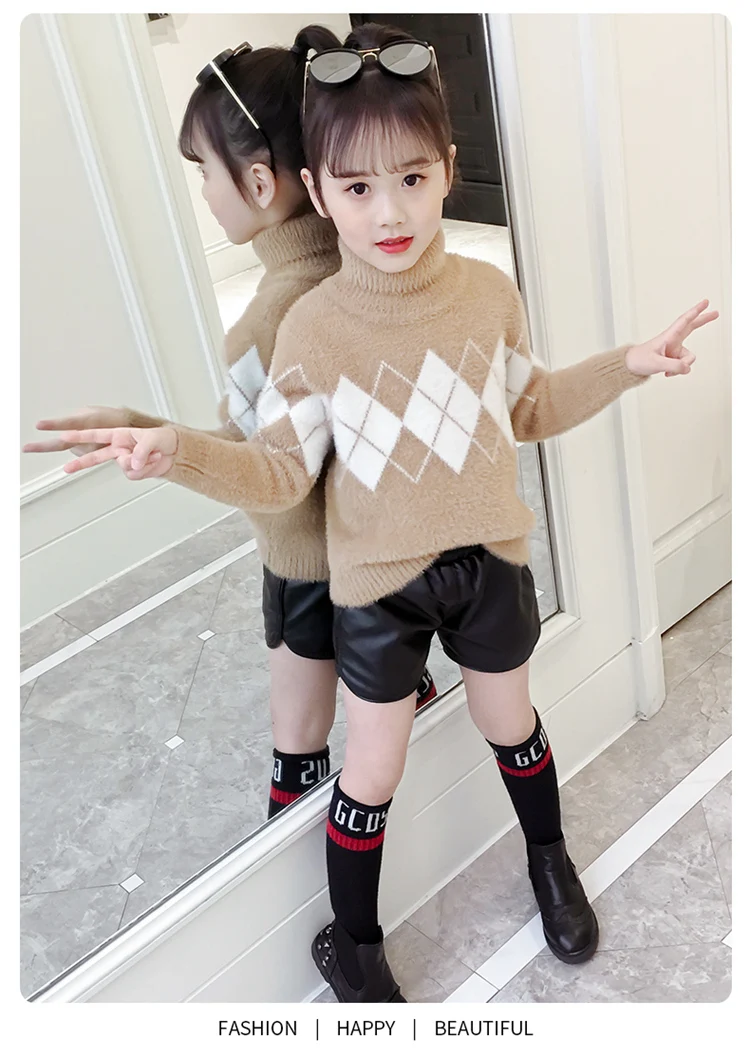 Fashion Autumn Winter Baby Girl Knitted Velvet Sweaters Casual Children Clothes Long Sleeve Turtleneck Thick Sweater 4-15Y