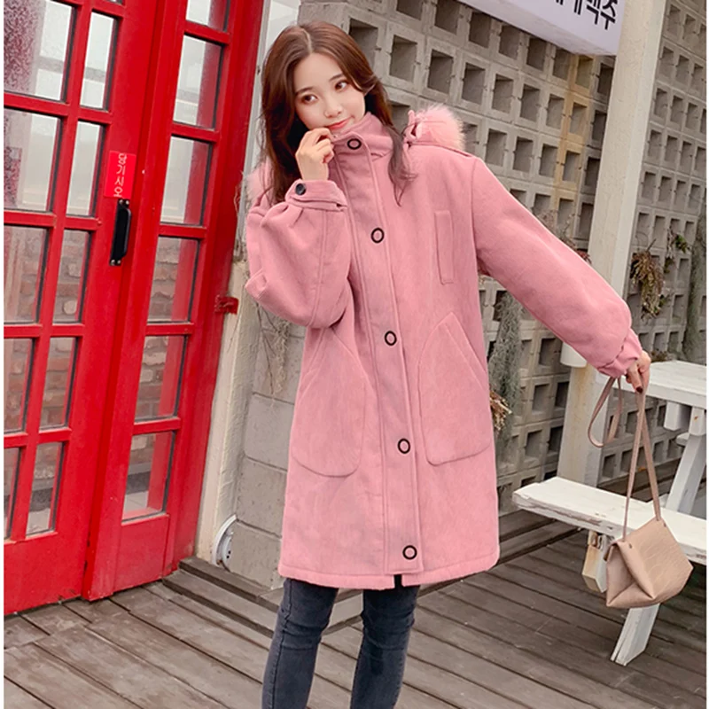 

Large size Loose mid-length corduroy cotton coat lady winter new thickening Straight cotton Big fur collar hooded lambswool coat