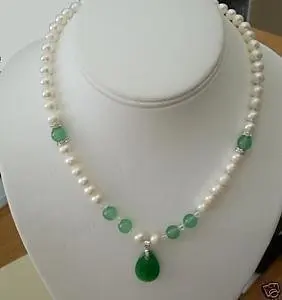 

White F.W. Pearl Necklace with Jade Stone Pendant 17''
