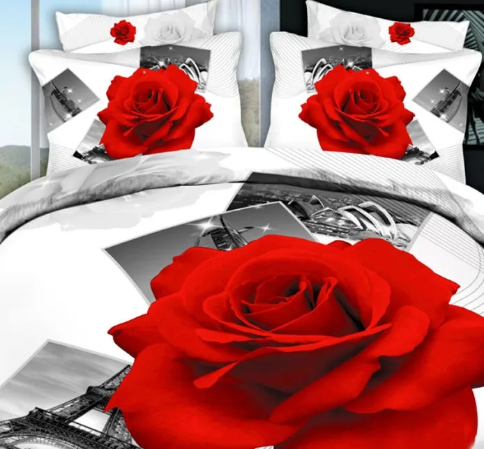 3D Eiffel tower Red Rose bedding set Paris flower duvet cover fitted bed sheet Super King size