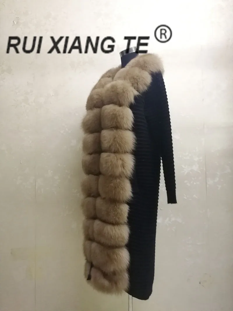 Женское натуральное меховое пальто из натуральной шерсти, вязаное с лисьим воротником, теплое зимнее пальто из натурального Лисьего меха, зимняя Длинная Верхняя одежда RuiXiangTe