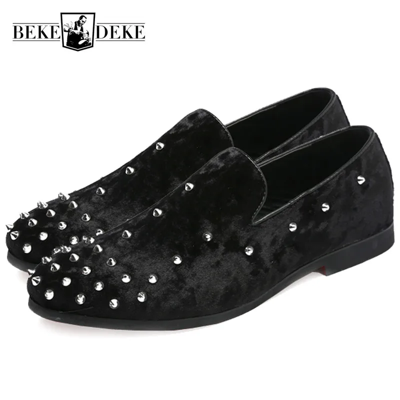 

Handcrafted Luxury Mens Night Club New Glitter Rivet Velvet Loafers Banquet Wedding Male Shoes Slip On Moccasin Gommino Footwear