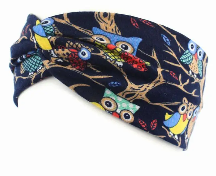 

Women's Europe and the United States popular headband owl pattern cross headband knotted stretch cotton hair band