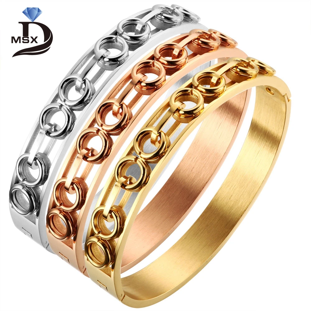 

MSX Stainless Steel Bracelets for Men Hollow-out Circle Bangles Simple Gold Color Wide Male Trendy Decoration Jewellery