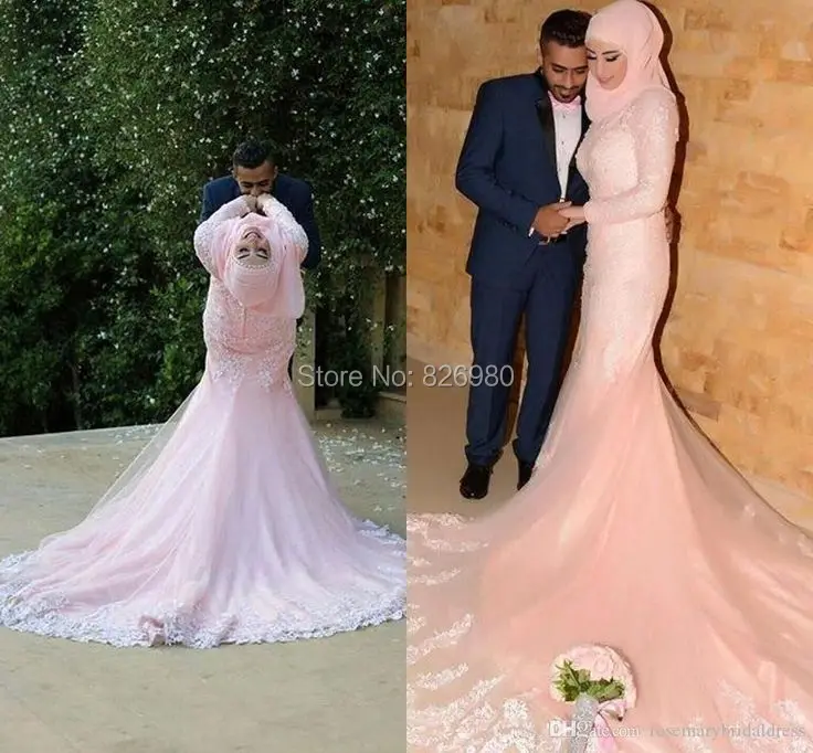 Designer Sexy Mermaid Long Sleeve Evening Dress Muslim Abendkleid 2016 Pink font b Hijab b font