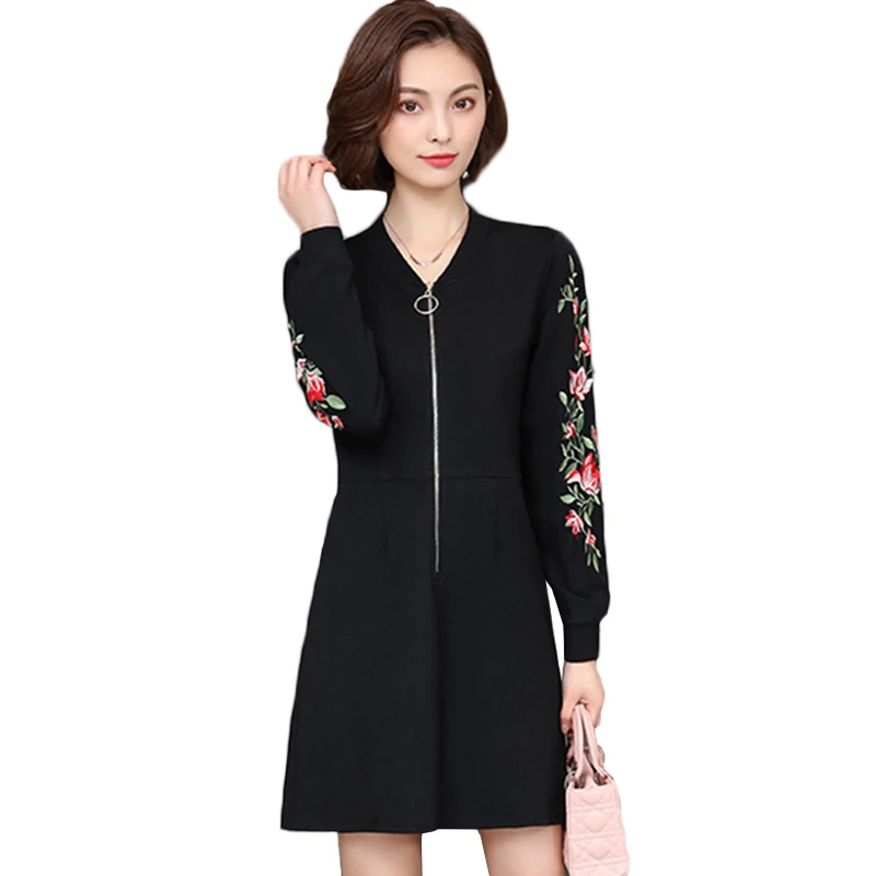 2020 Spring Fashion Flower Embroidery Large Size A-line Dress Womens Zipper Slim Long Sleeve Sexy V-neck Mini | Женская одежда