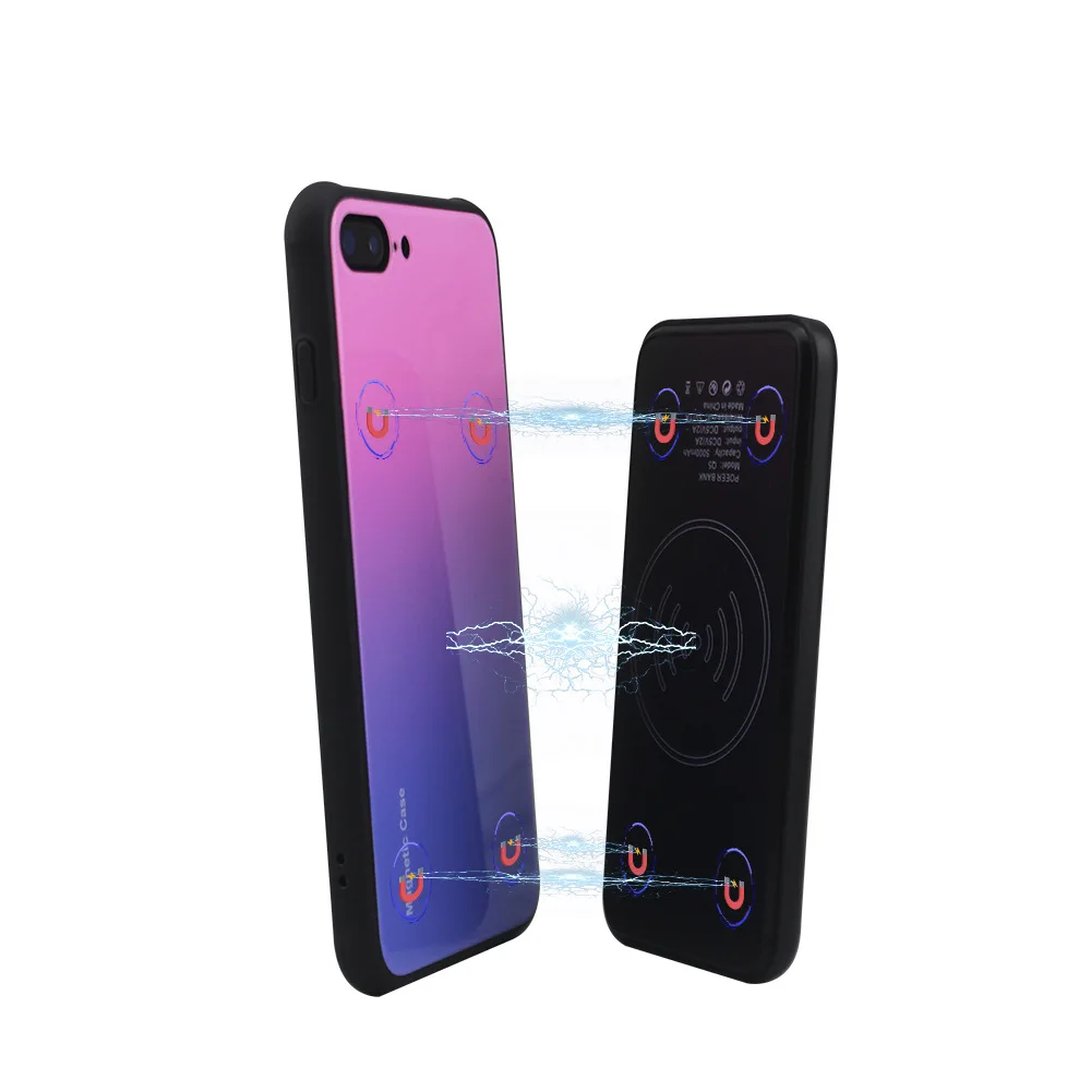 Magnetic back clip battery Case For iphone x 5000Mah Smart Wireless Charger PowerBank For iphone 8 8plus Tempered glass cover