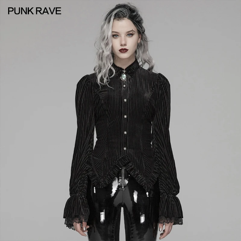 

PUNK RAVE Women's Gothic Dark-Grain Velvet Elastic Long Sleeve Fashion Women Shirt Party Club Women Tops Shirts Blouse