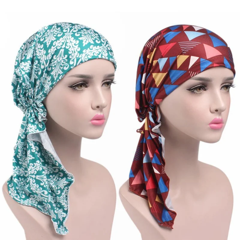 

Stretch Cloth Printing Turban Hat Ms. Long Tail Scarf Chemotherapy India Muslim Cap One Pc Women Beanies Girls Head Accessories