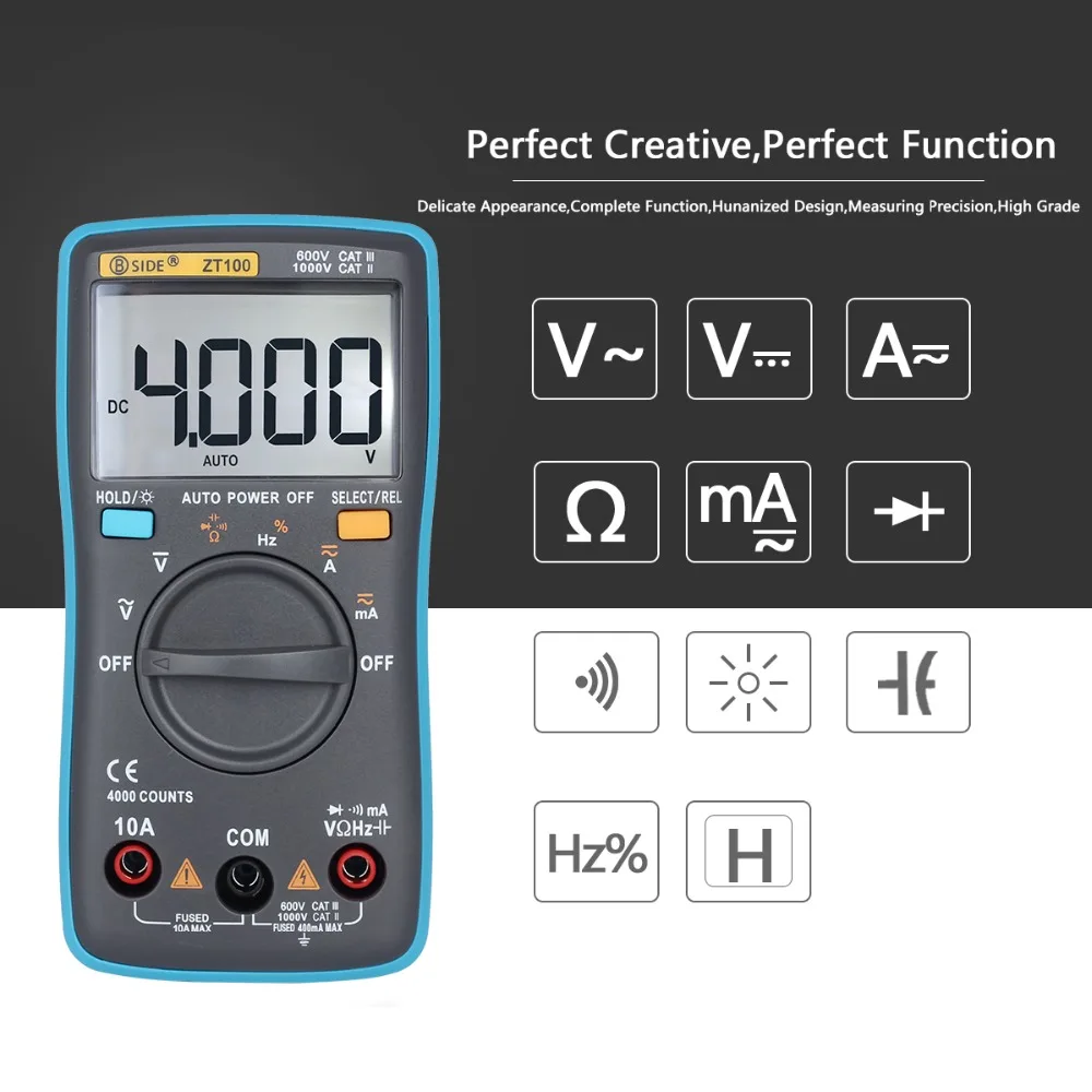 

BSIDE ZT100 Digital Multimeter 4000 counts Back light AC/DC Voltage Ammeter Voltmeter Ohm tester Frequency Diode meter DMM