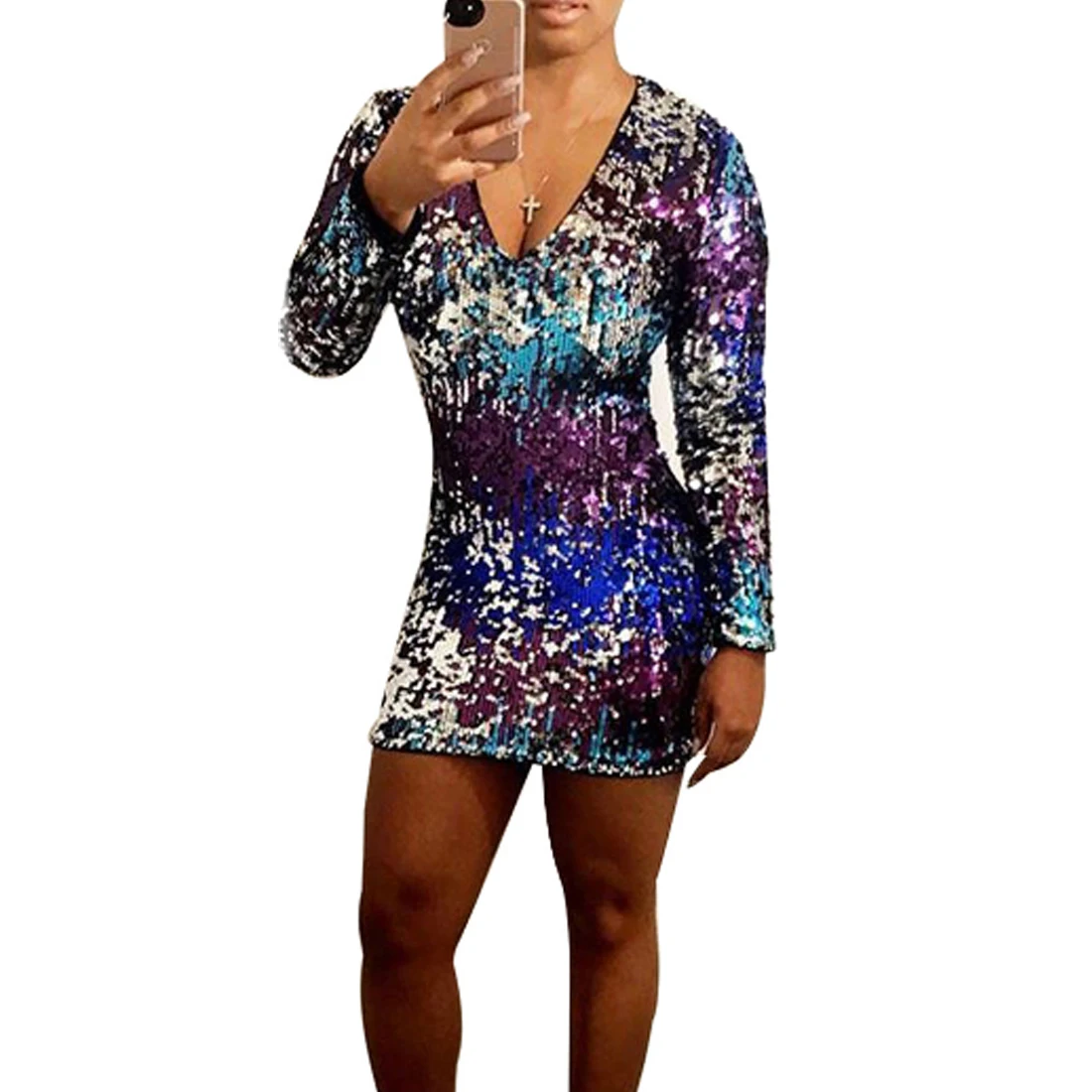 

YJSFG HOUSE Sexy Ladies Women Sequined Party Dresses Prom Evening Long Sleeve Shiny Deep V Mini Dress Club Mini Sheath Zipper