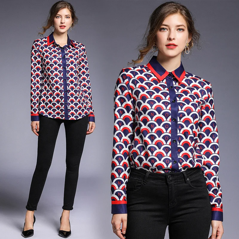 

2019 Spring Summer Fall Runway Vintage Letters Print Collar Long Sleeve OL Turn-Down Neck Womens Party Casual Top Shirts Blouses