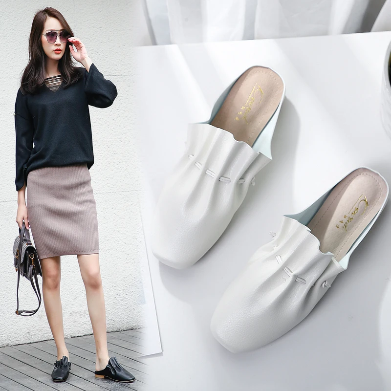 

34-43 Pleated shoes women summer slippers loafers flipflops girl soft leather slides flats comfortable zapatos mujer sandals2019