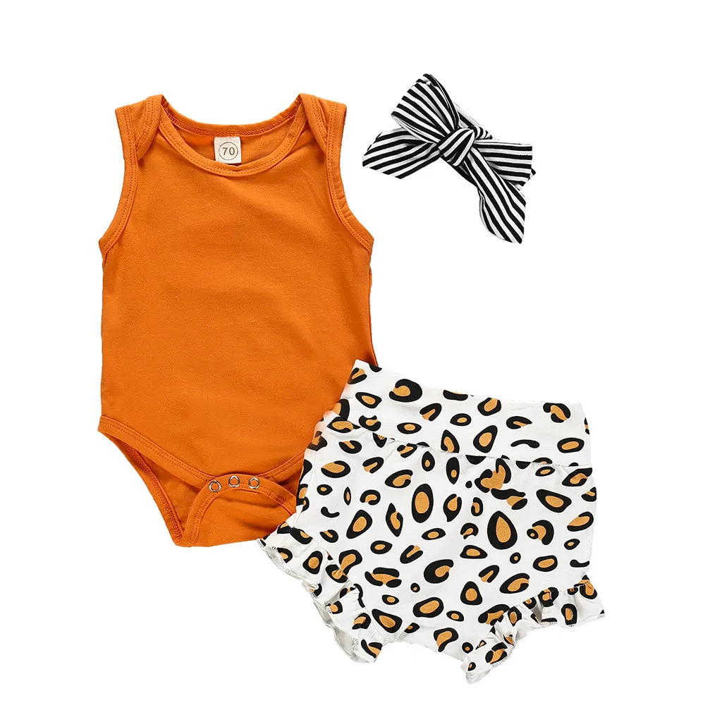 3 предмета, одежда для маленьких девочек летний однотонный жилет для новорожденных девочек, комбинезон, леопардовые трусы, повязка на голову, комплект одежды