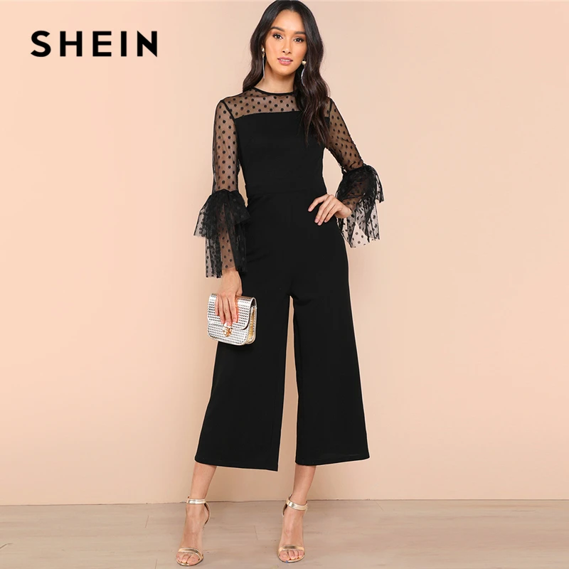 SHEIN Black Dot Mesh Shoulder Layered Bell Sleeve Jumpsuit Elegant