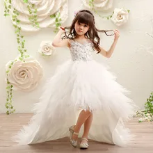 Для девочек в цветочек платья для девочек на свадьбу с длинным шлейфом; детское нарядное платье для дня рождения, костюм с перьями, с украшением в виде кристаллов принцессы вечерние платья K43