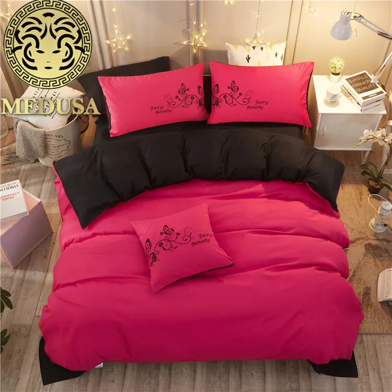 

Medusa 2018 embroidered butterflies solid bedding set king queen double single size rose purple
