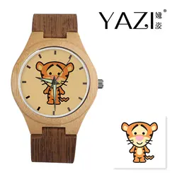 YAZI DIY деревянные часы милый тигр Lucky Логотип Кварцевые часы из натурального бамбука деревянный корпус наручные часы Дерево полоса памяти
