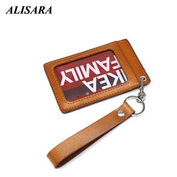 

Alisara ID Holders Genuine Leather Vertical Business Badge Keychain Name Bus Card set Student Card Case Tag Holders Key Holder