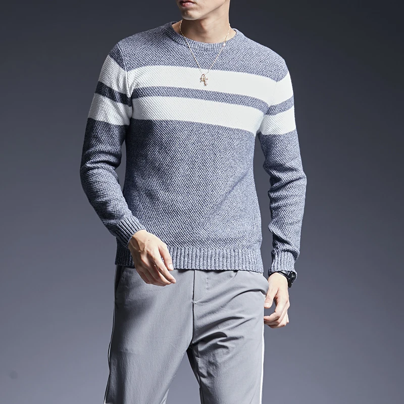 Новинка, модные брендовые свитера, мужские пуловеры, плотные Облегающие джемперы, вязаные полосатые осенние свитера с круглым вырезом, корейский стиль, повседневная мужская одежда