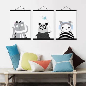 

Kawaii Cartoon Animals Panda Cat Wooden Framed Canvas Painting Nursery Kids Baby Room Wall Art Pictures Home Decor Poster Scroll