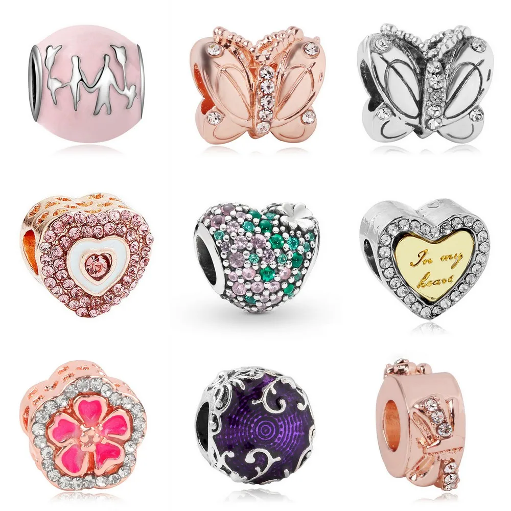 

New Original Silver Alloy Bead Crysta lFlower butterfly Family Clover Charm Fit Pandora Bracelet Necklace DIY Women Jewelry