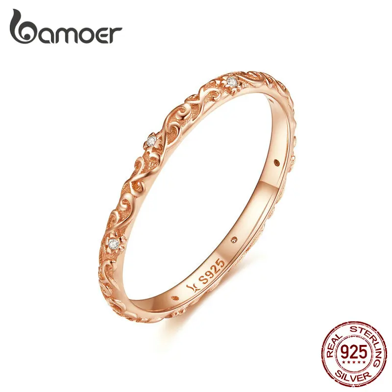 

BAMOER Vintage Ring 925 Sterling Silver Flower Pattern Finger Rings for Women European Rose Gold Color Fashion Jewelry SCR514