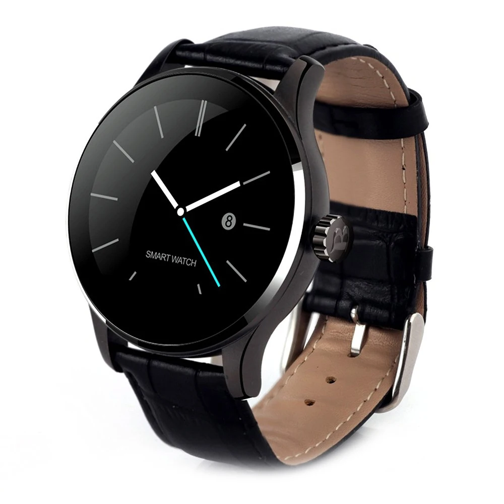 

K88H Bluetooth Smart Watch with Heart Rate Monitor Leather Band Wristwatch for iOS and Android Black+Leather Band