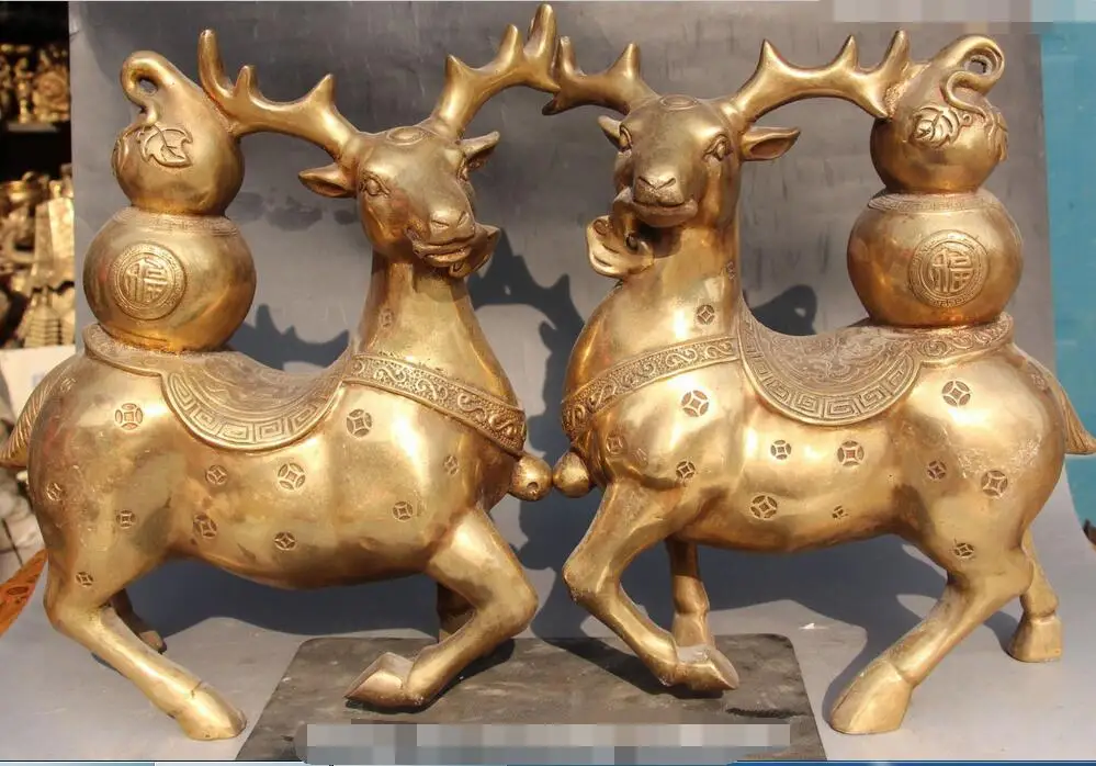 

free 12" China Feng shui Bronze Gourd Ru Yi Sika Deer Spotted Deers Animal Pair Statue fast