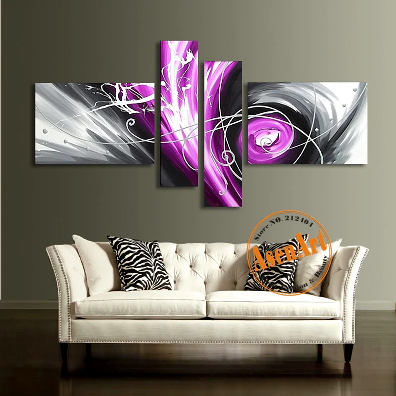 

4pcs Hand Painted Modern Oil Painting on Canvas Abstract Painting Black Purple Pop Art Wall Paintings Home Decoration No Frame