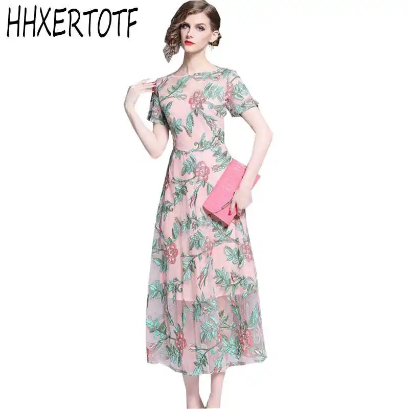 

2019 summer Elegant Mesh Embroidered Dress Women's Luxury Lace Party Vintage Dress