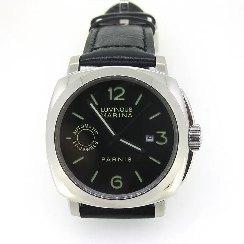 

44mm Parnis Miyota Automatic Movement Men Mechanical Watch Sapphire Crystal Genuine Black Leather Strap