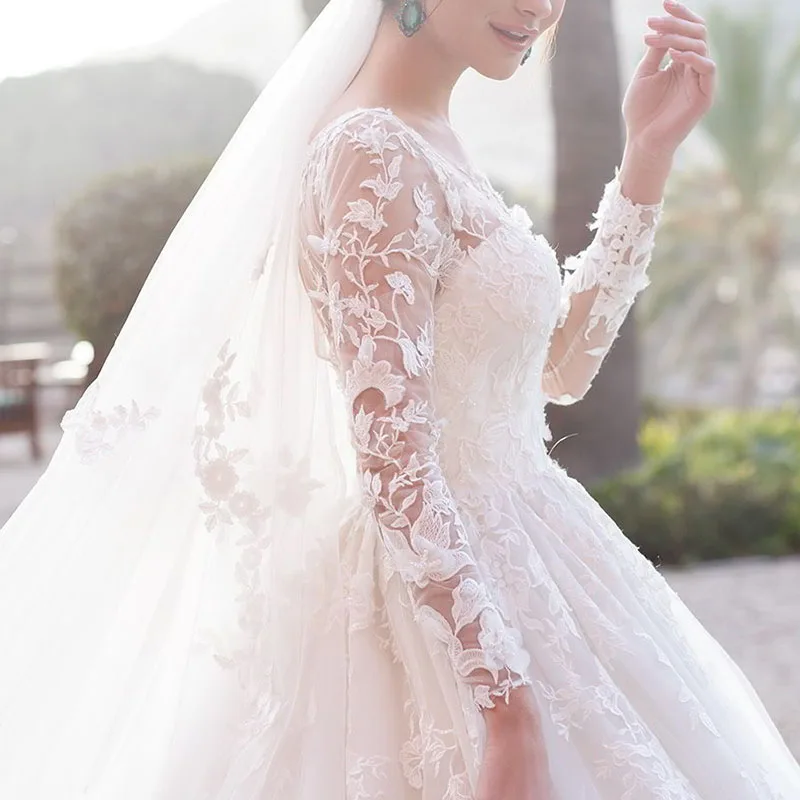 

Eightale Boho Wedding Dresses Lace A-Line Luxury Wedding Gowns Appliques Tulle Long Sleeves Princess Bride Dress Free Shipping