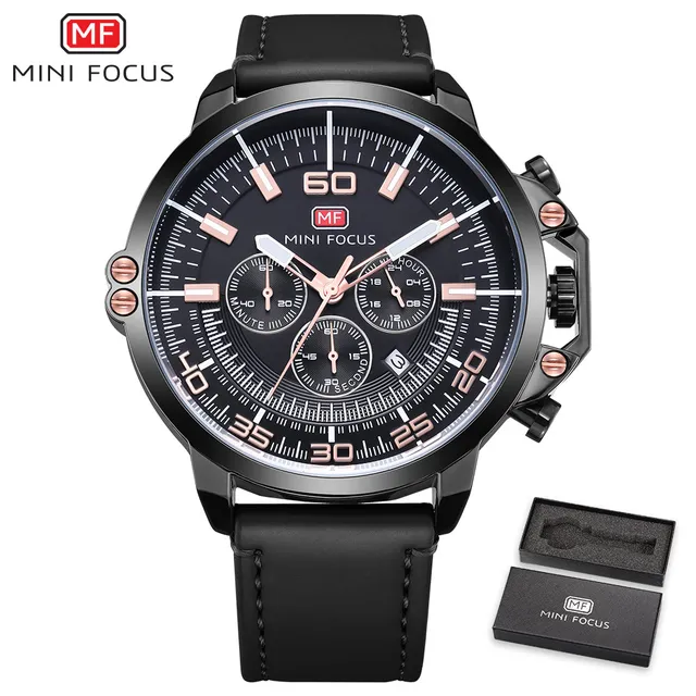MINIFOCUS Multifuntion Sport Quartz Wristwatch Fashion Casual Mens Oversized Watch Genuine Leather Army Military Clock For Male