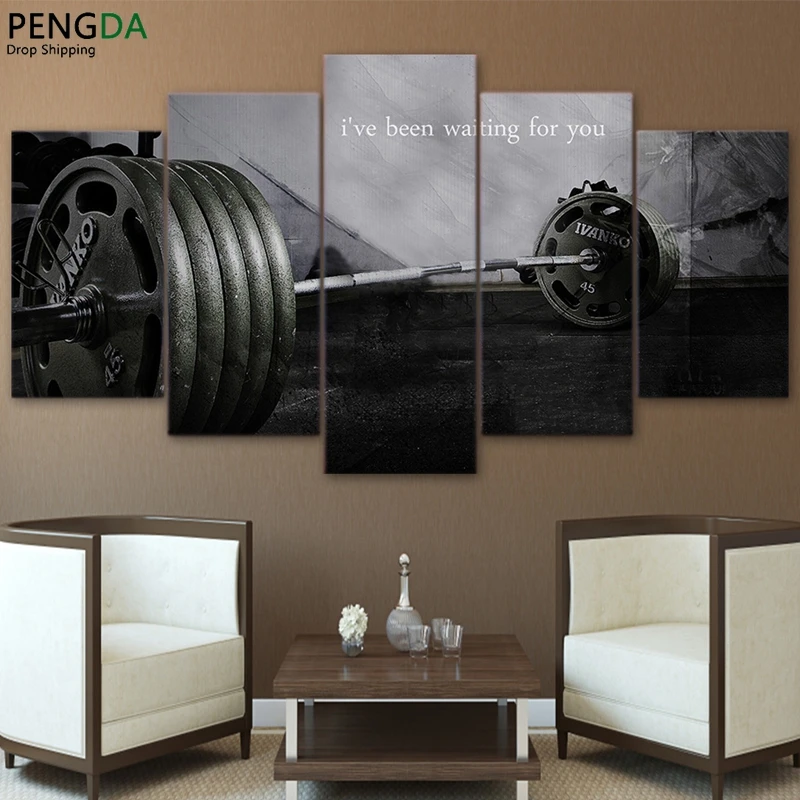 

Home Decor HD Print Canvas Painting Modular Pictures 5 Pieces Barbell Gym Bodybuilding Poster Living Room Wall Art Frame PENGDA