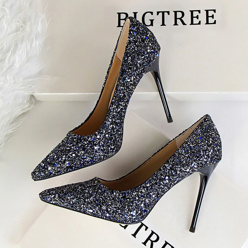 

Shoes Women Luxury Designer 2019 Glitter Shoes Sexy High Heels Pumps Female Gold Silver Blue Heels Bridal Wedding Shoes 9219-1