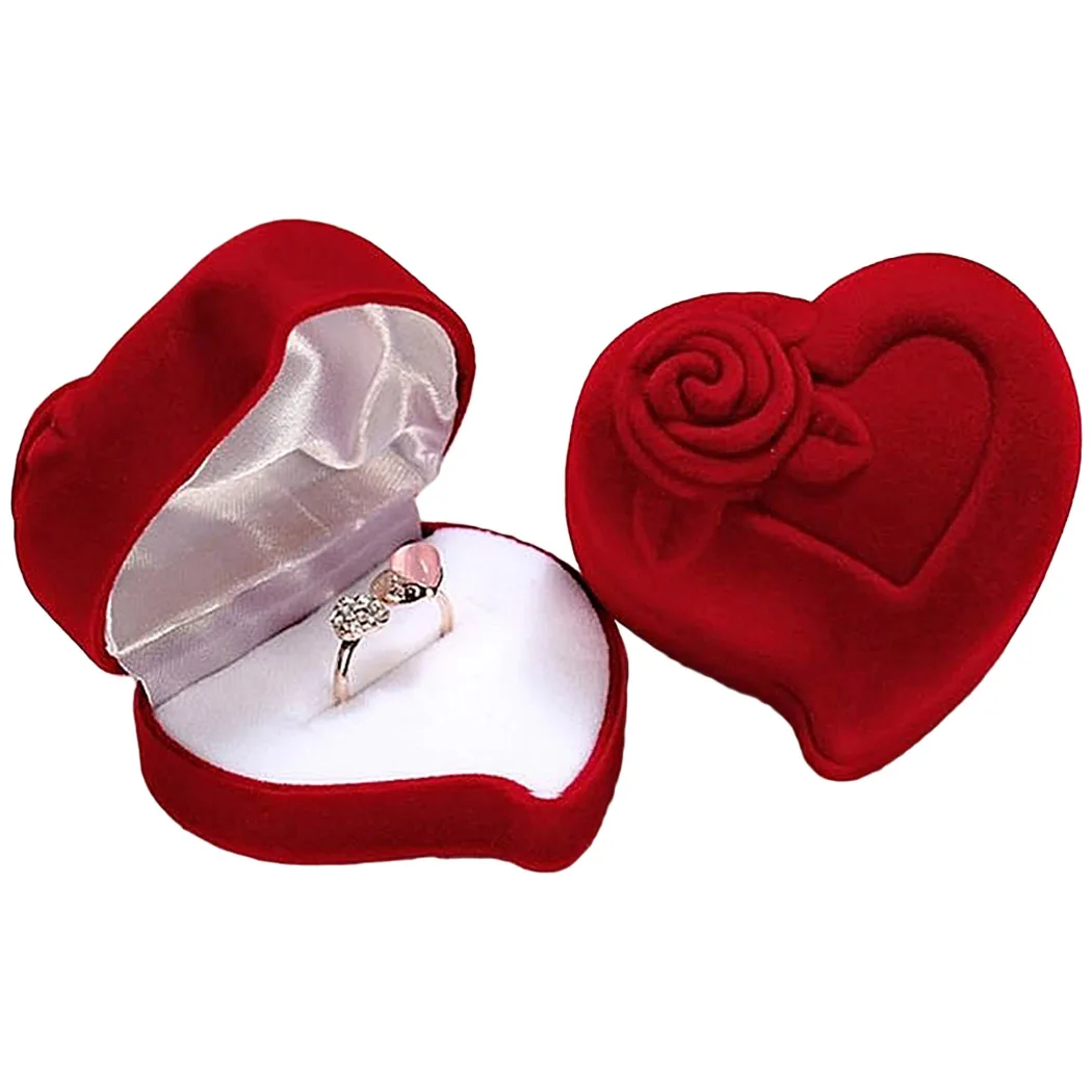 Red Heart Shape Velvet Ring Box Jewelry Display Engagement Wedding