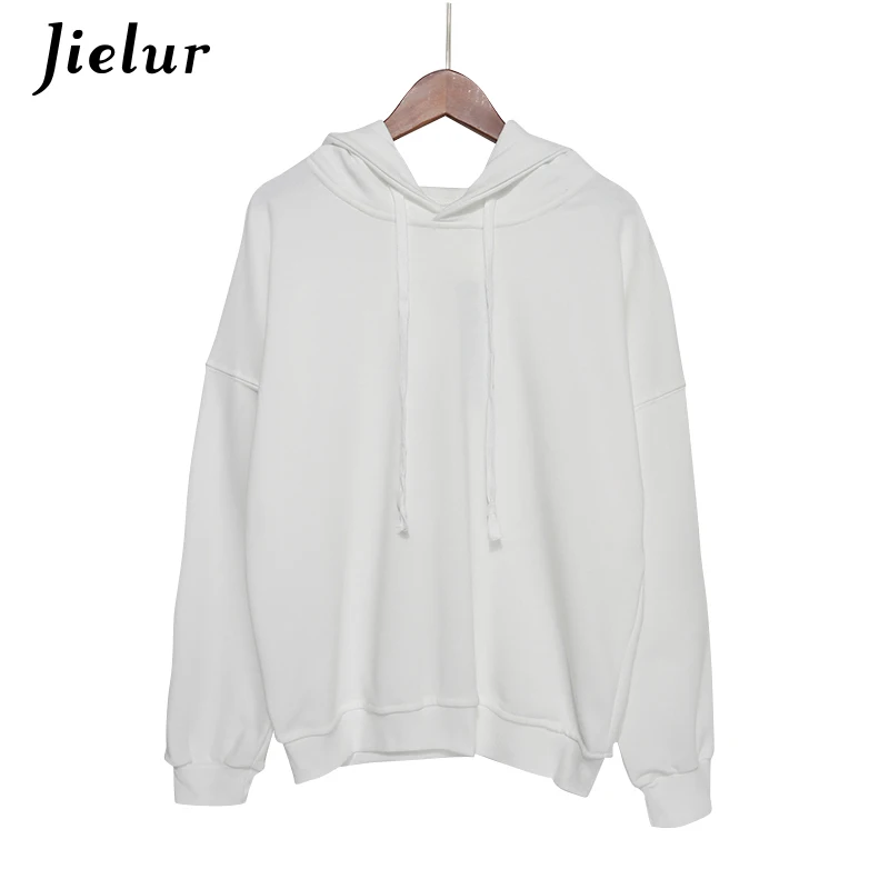 Jielur однотонные Harajuku тонкие женские свитшоты с капюшоном Kawaii черная укороченная